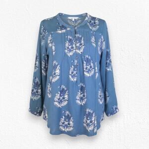 Y2K Lucky Brand Teal Blue Floral Peasant Blouse Boho Button Front Top Size Small